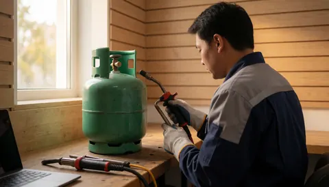A plumber wearing gloves works with a welding torch next to a green propane tank in a workshop with wooden walls.
