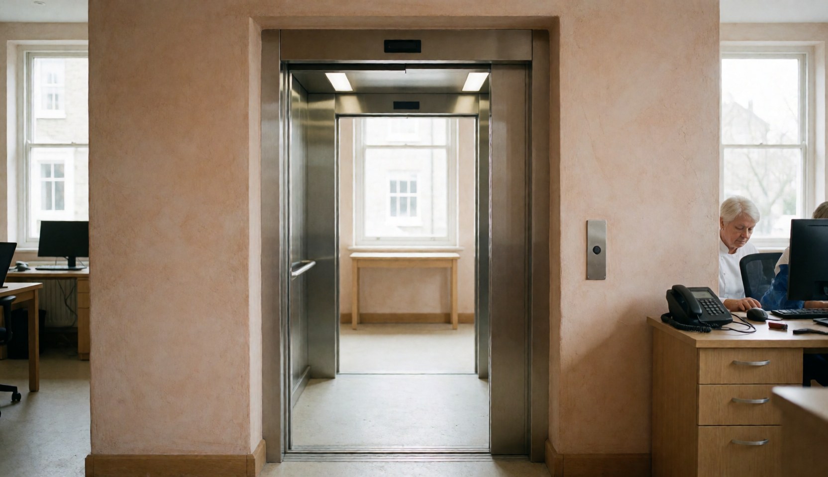 Open metal elevator doors in a bright office hallway with light walls, showing a window, wooden desk, and a person working on a computer in the background.