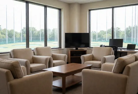 Comfortable lounge with chairs and table overlooking a golf course, ideal for golf instructors