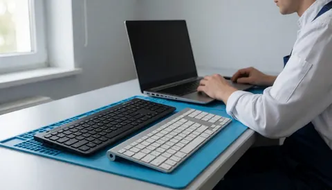 Computer repair technician working at a desk with QWERTY and AZERTY keyboards and a laptop in a clean workshop with natural light.