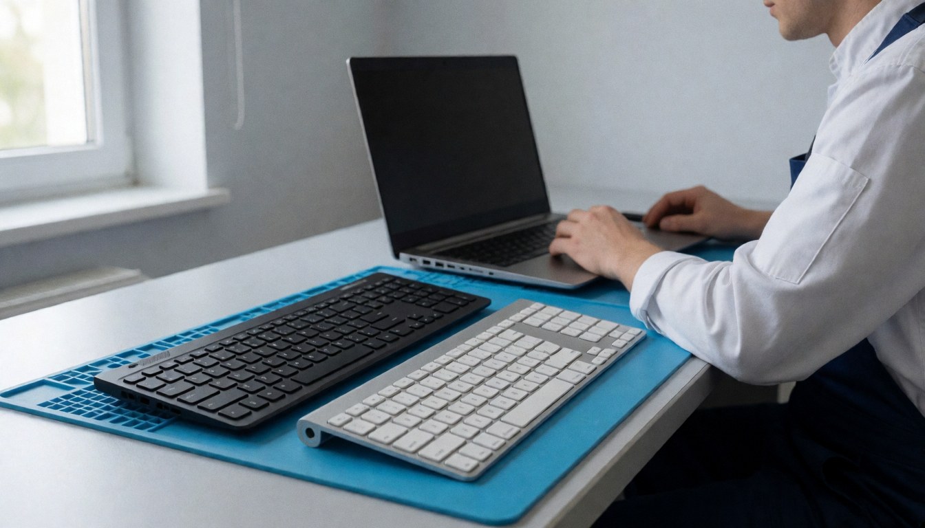 Computer repair technician working at a desk with QWERTY and AZERTY keyboards and a laptop in a clean workshop with natural light.