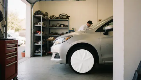 Close-up of a white wheel cover mounted on a car tire in an auto repair shop with tools and natural light.