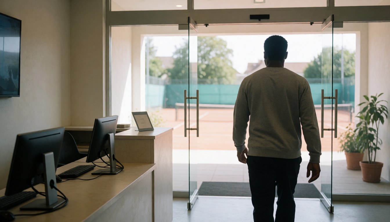 A person walks toward a glass door at a tennis club, with an outdoor court visible and a reception area with computers inside.