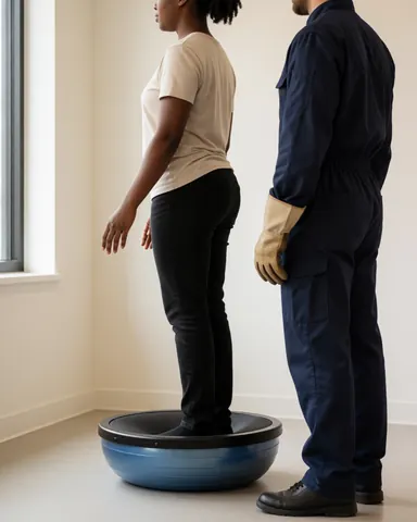 Person on bosu ball with standing professional, natural light, clean walls, ideal for physiotherapy.