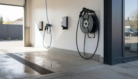 Entrance to a car wash featuring a high-pressure hose, soap dispensers, wet pavement, and clean modern walls.