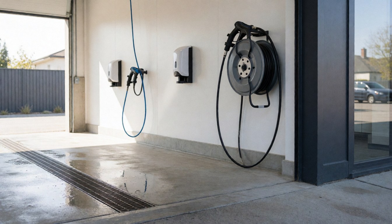 Entrance to a car wash featuring a high-pressure hose, soap dispensers, wet pavement, and clean modern walls.