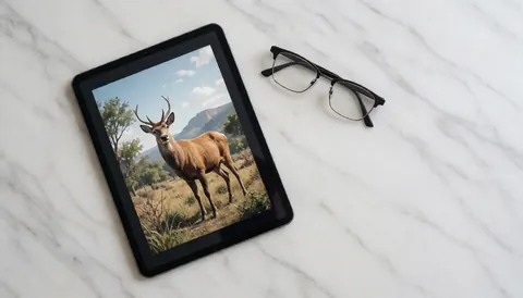 Tablet showing a deer in a mountain landscape placed on white marble next to reading glasses, suitable for wildlife NFT business