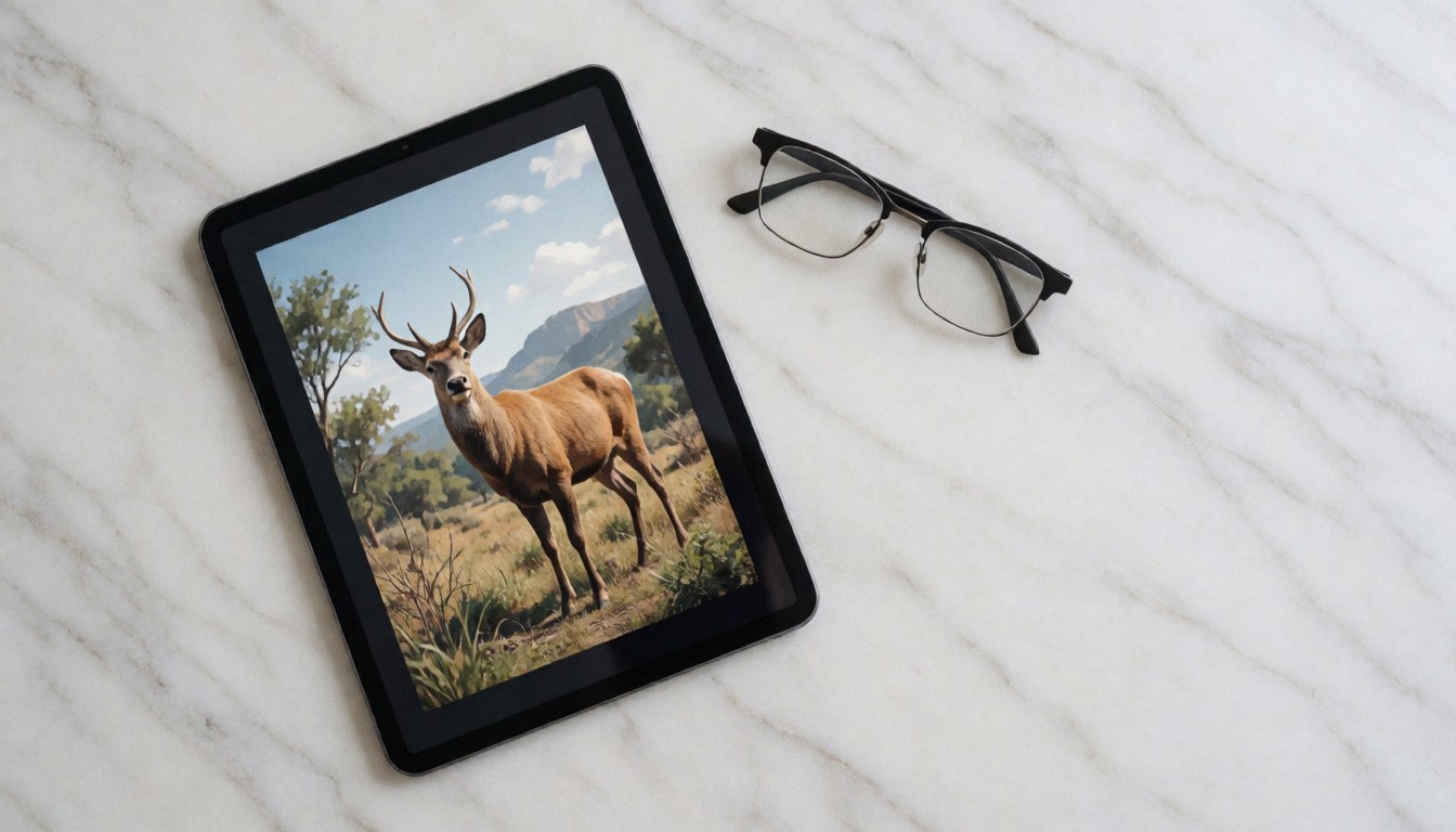 Tablet showing a deer in a mountain landscape placed on white marble next to reading glasses, suitable for wildlife NFT business