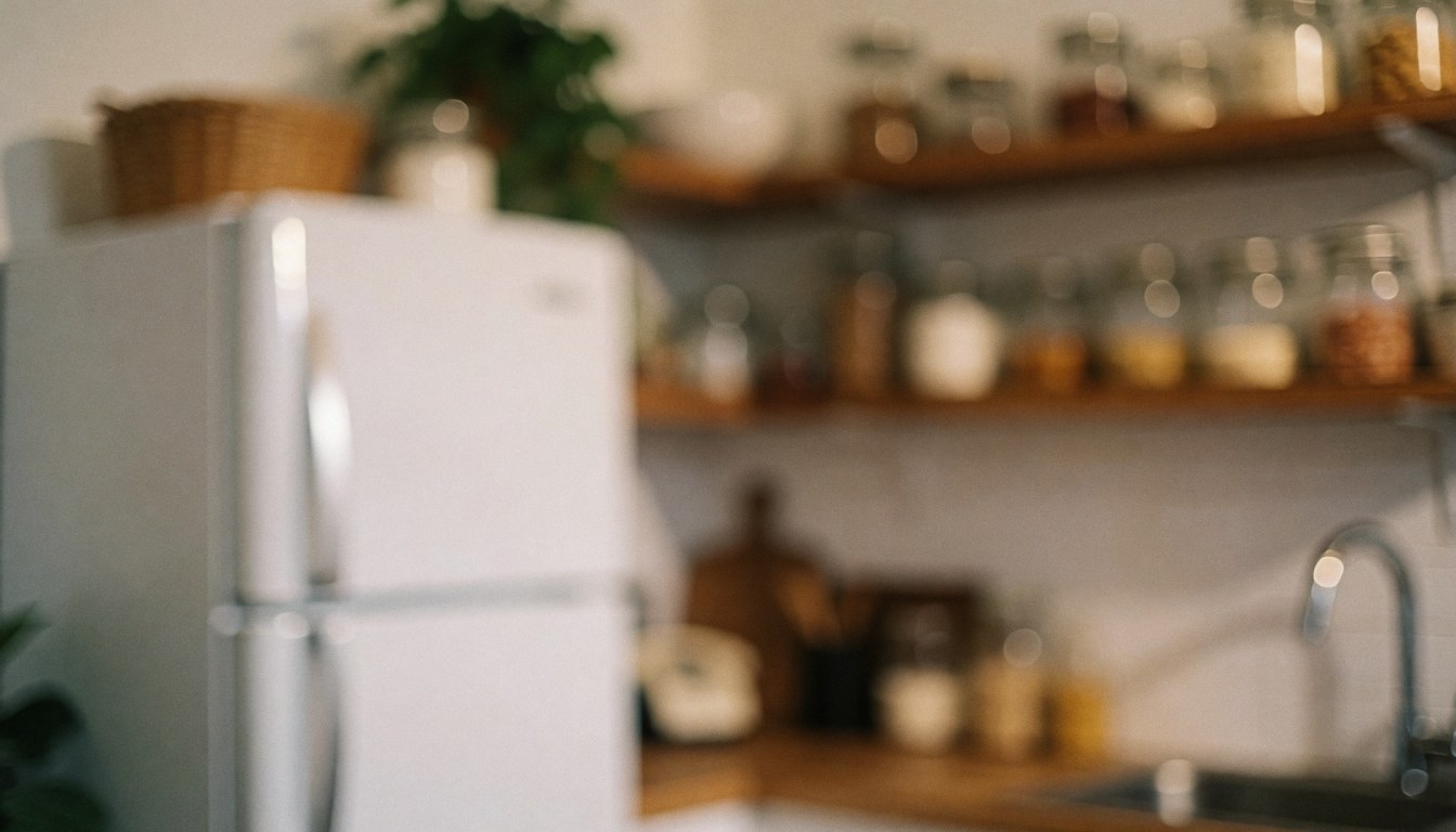 Kitchen background featuring a white refrigerator and wooden shelves with glass bottles, illuminated by warm light for food preparation text overlays