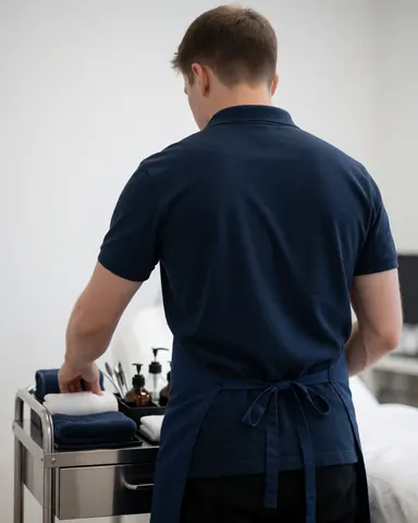 Back view of an aesthetician organizing a tool cart with towels and products in a beauty salon