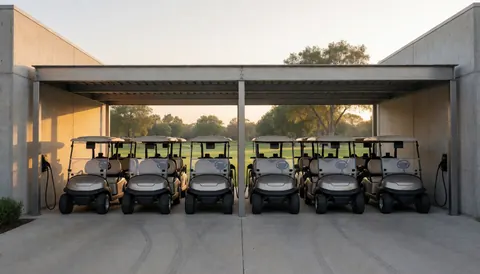 Electric golf carts parked and charging under a metal canopy with green fairways in the background