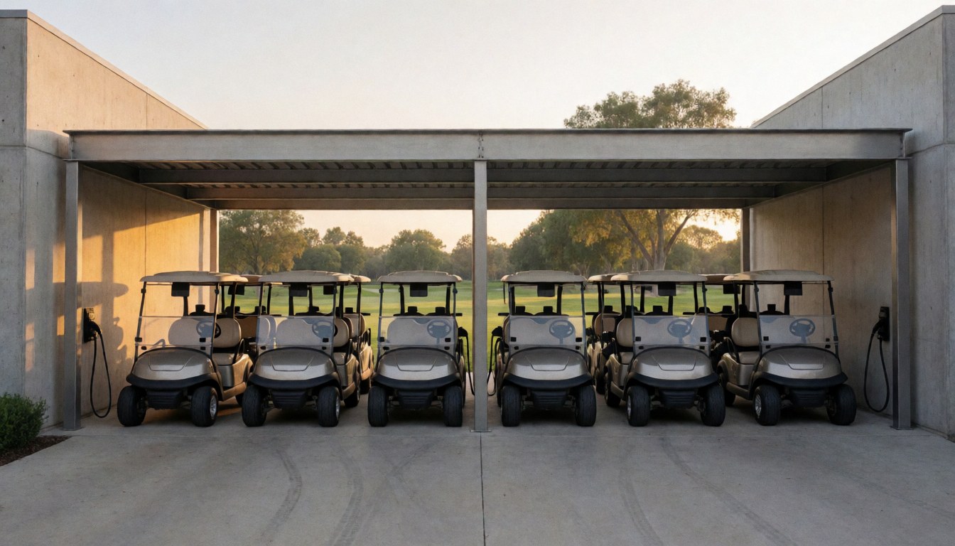 Electric golf carts parked and charging under a metal canopy with green fairways in the background