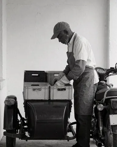 Motorcycle taxi driver inspecting cargo in sidecar with white walls and visible work team for professional delivery