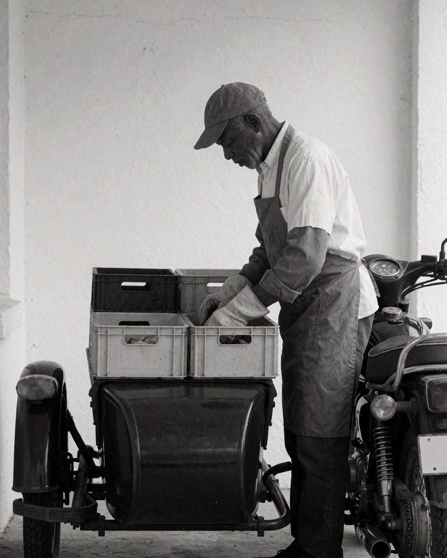 Motorcycle taxi driver inspecting cargo in sidecar with white walls and visible work team for professional delivery