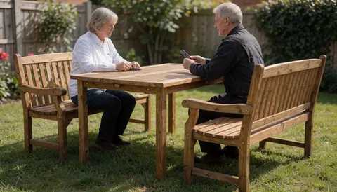 A wooden table and matching benches situated in a bright outdoor garden space, ideal for patio furniture displays.