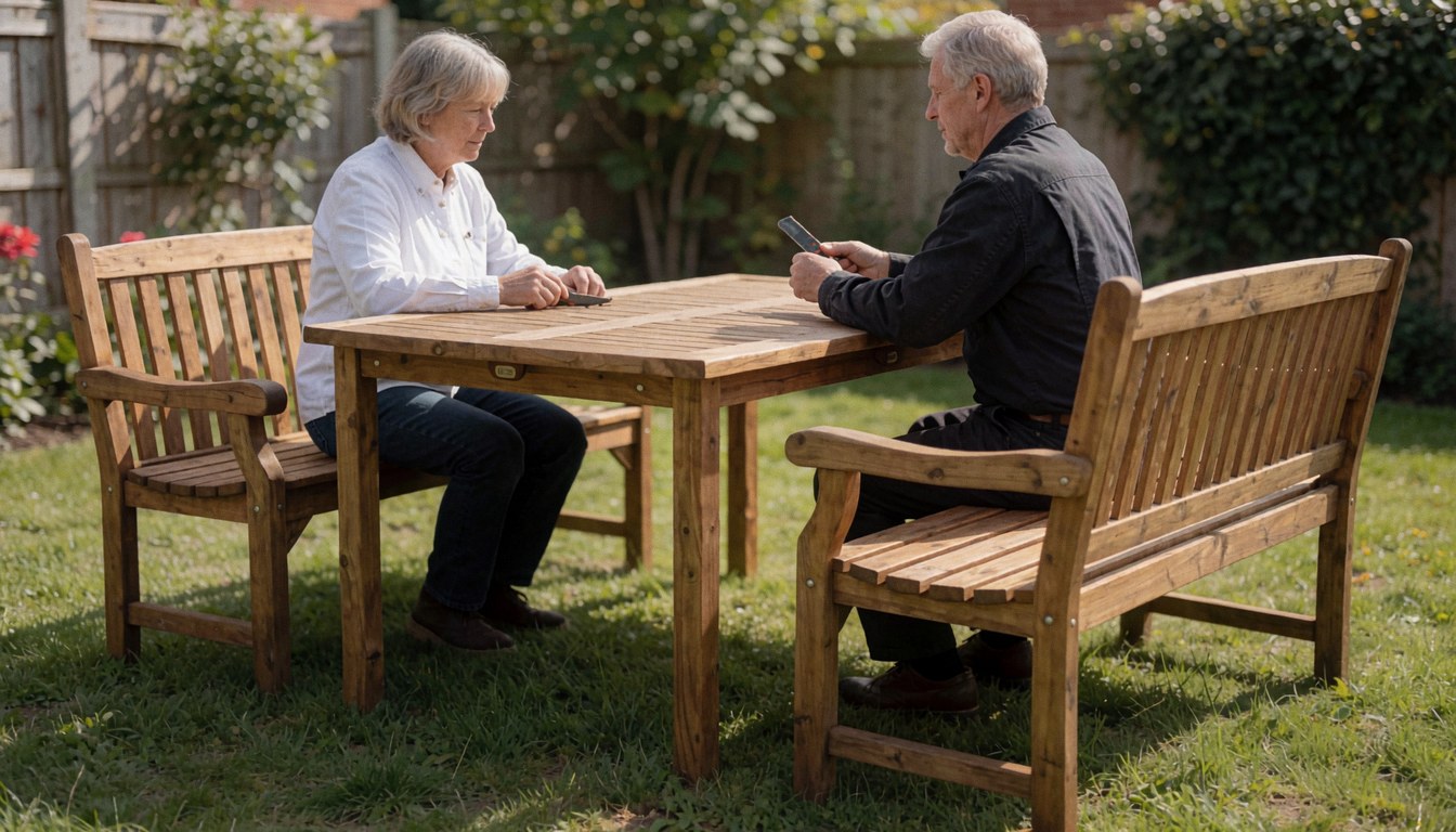 A wooden table and matching benches situated in a bright outdoor garden space, ideal for patio furniture displays.