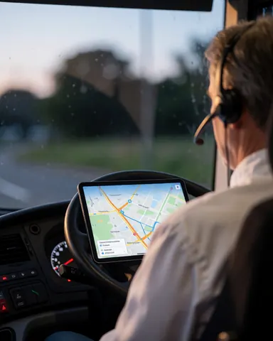 Bus driver with headset reviewing a digital map on a tablet inside a modern vehicle with warm interior lighting