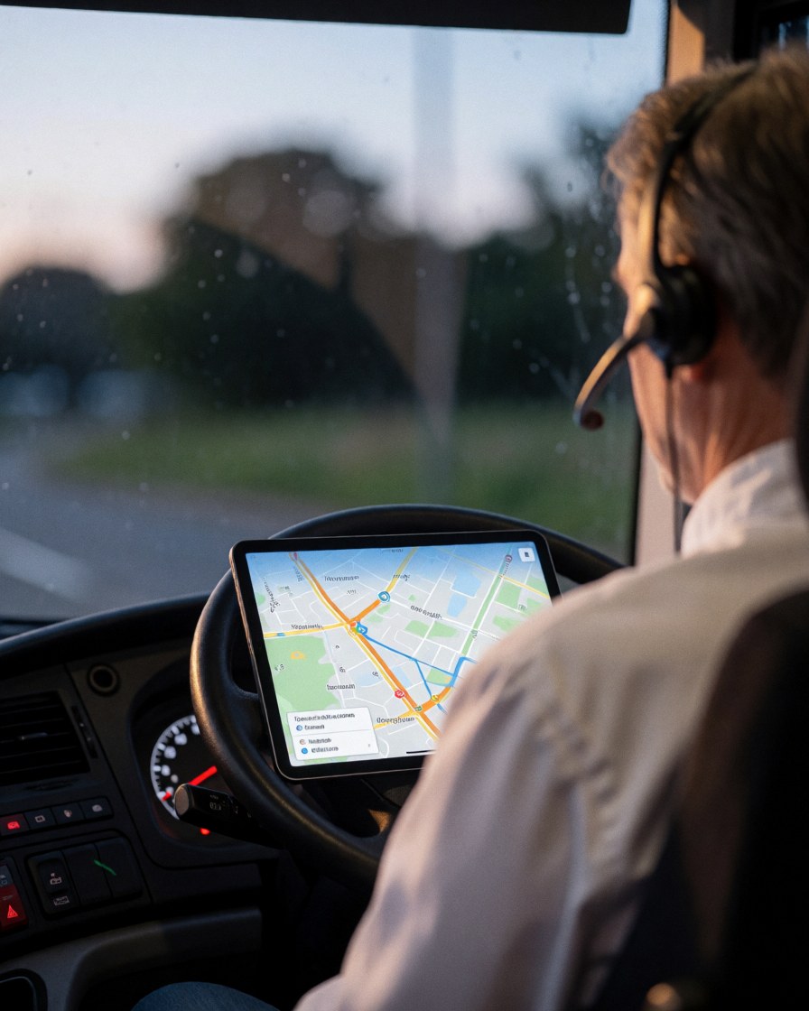 Bus driver with headset reviewing a digital map on a tablet inside a modern vehicle with warm interior lighting