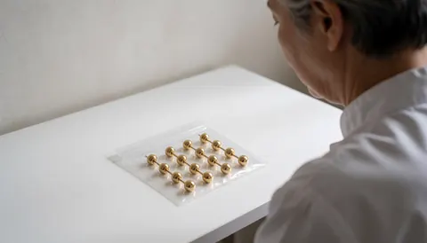 Sterile package containing gold tattoo accessories on a white table with a blurred background