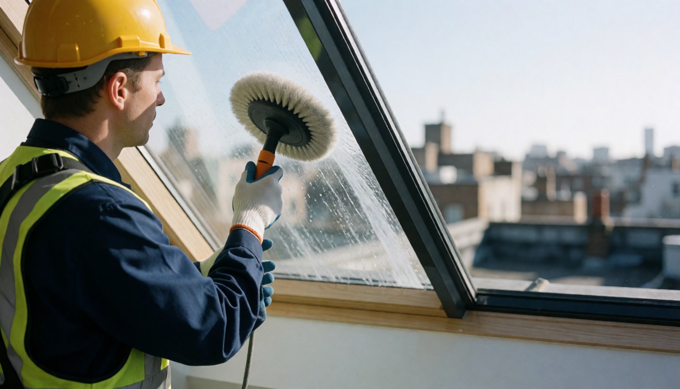A professional worker wearing a helmet and safety vest cleans a skylight glass panel using a bristle brush against an urban sky background.