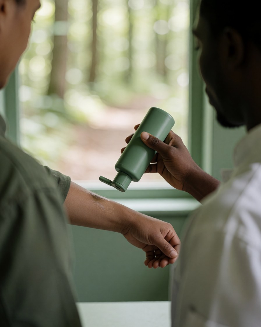 A person applying sunscreen while walking on a trail in a green ecological park with a forest background