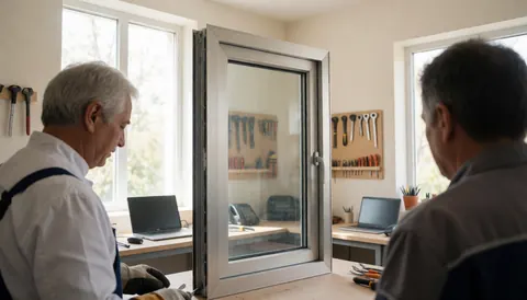 Two workers inspecting a newly installed aluminum window in a well-lit workshop with organized hanging tools