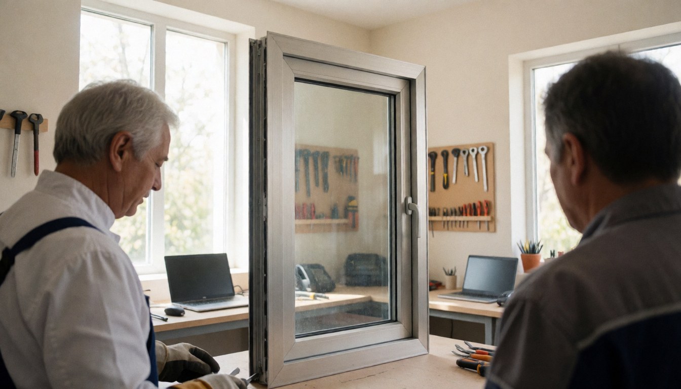 Two workers inspecting a newly installed aluminum window in a well-lit workshop with organized hanging tools