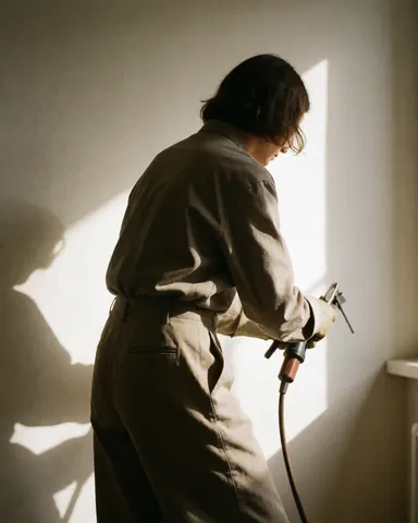 Back view of a worker using a power drill on a wall with dramatic lighting and visible work clothes