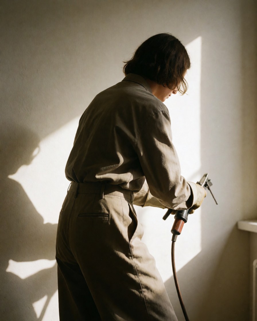 Back view of a worker using a power drill on a wall with dramatic lighting and visible work clothes
