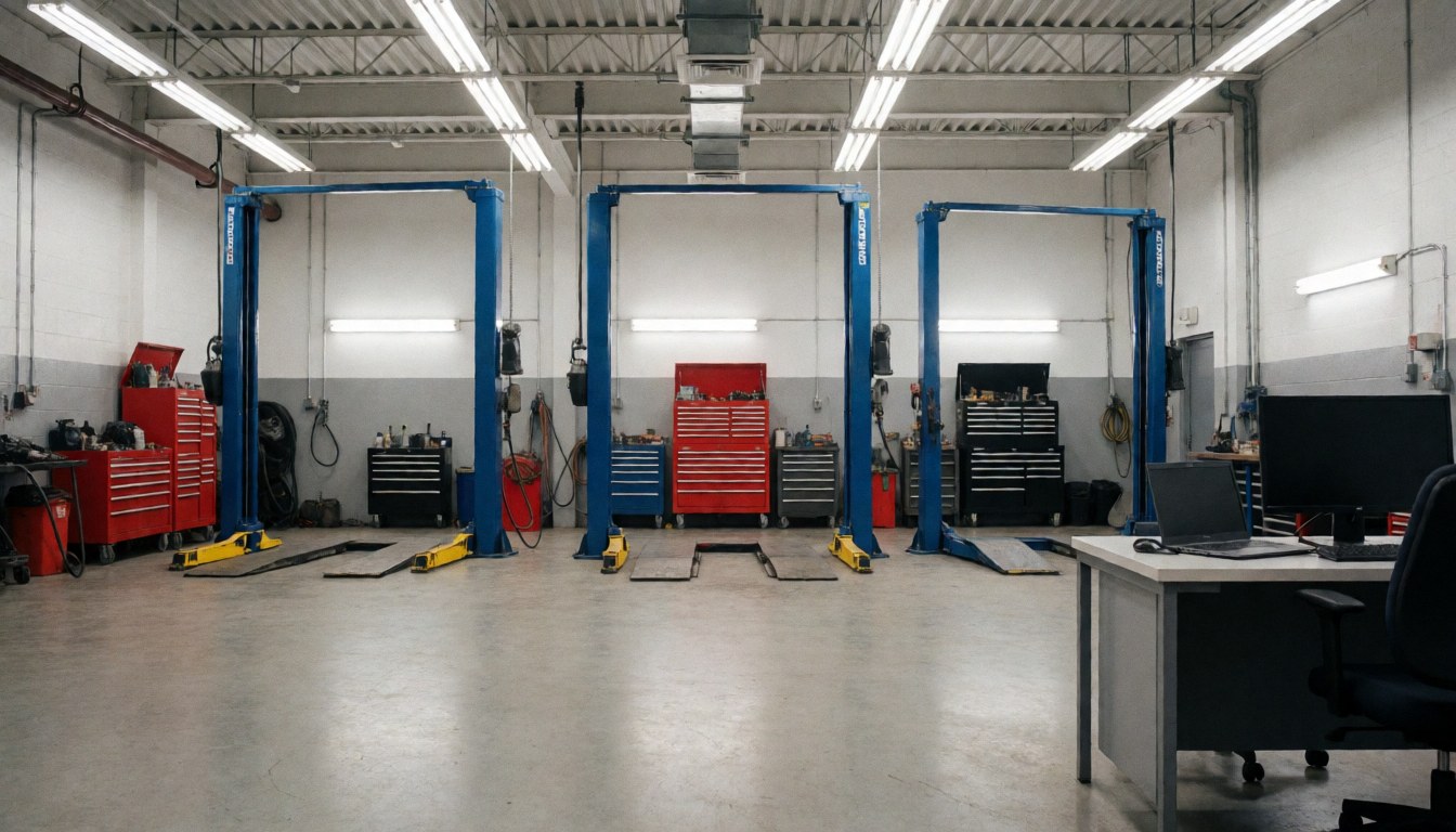 Interior of an auto repair garage featuring three blue vehicle lifts, red toolboxes, and a polished concrete floor suitable for text overlay.