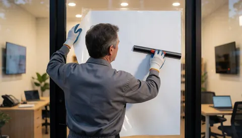 A professional applies white vinyl to an office window using a squeegee, demonstrating signage installation services in a modern, well-lit environment.