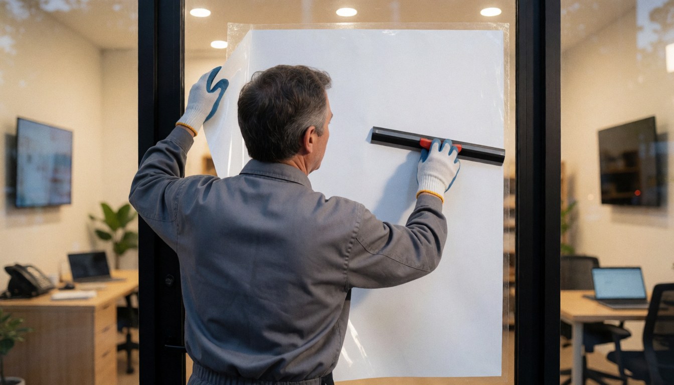 A professional applies white vinyl to an office window using a squeegee, demonstrating signage installation services in a modern, well-lit environment.