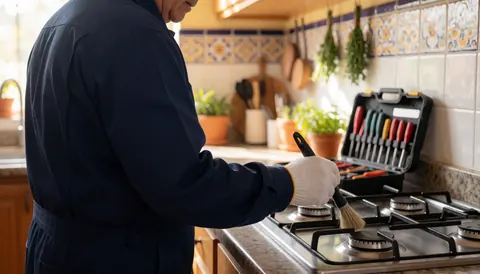 Technician wearing white gloves cleans a stainless steel stove burner with a specialized brush in a kitchen with colorful tiles and an open tool kit.