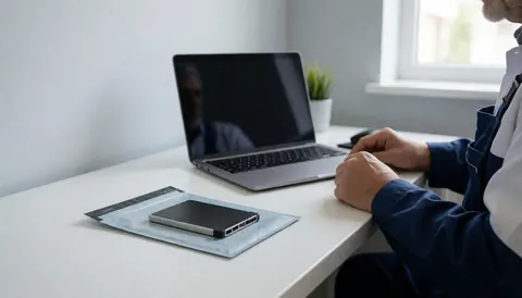 Close-up of technician holding SSD in anti-static bag with laptop and clean desk in background