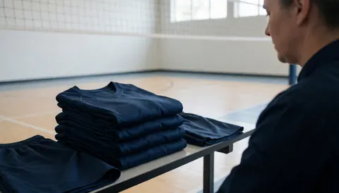Neatly folded volleyball uniforms arranged on a table in an indoor gym setting, providing a clean and organized look for volleyball coaches.