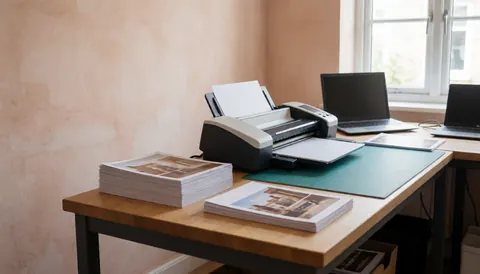 Laminator and materials ready in a graphic printing workshop with terracotta plaster walls and natural light.