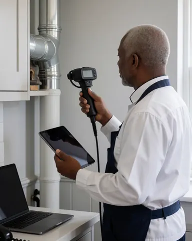 Technician inspecting pipes with camera and tablet in well-lit workshop with light gray walls and uniform