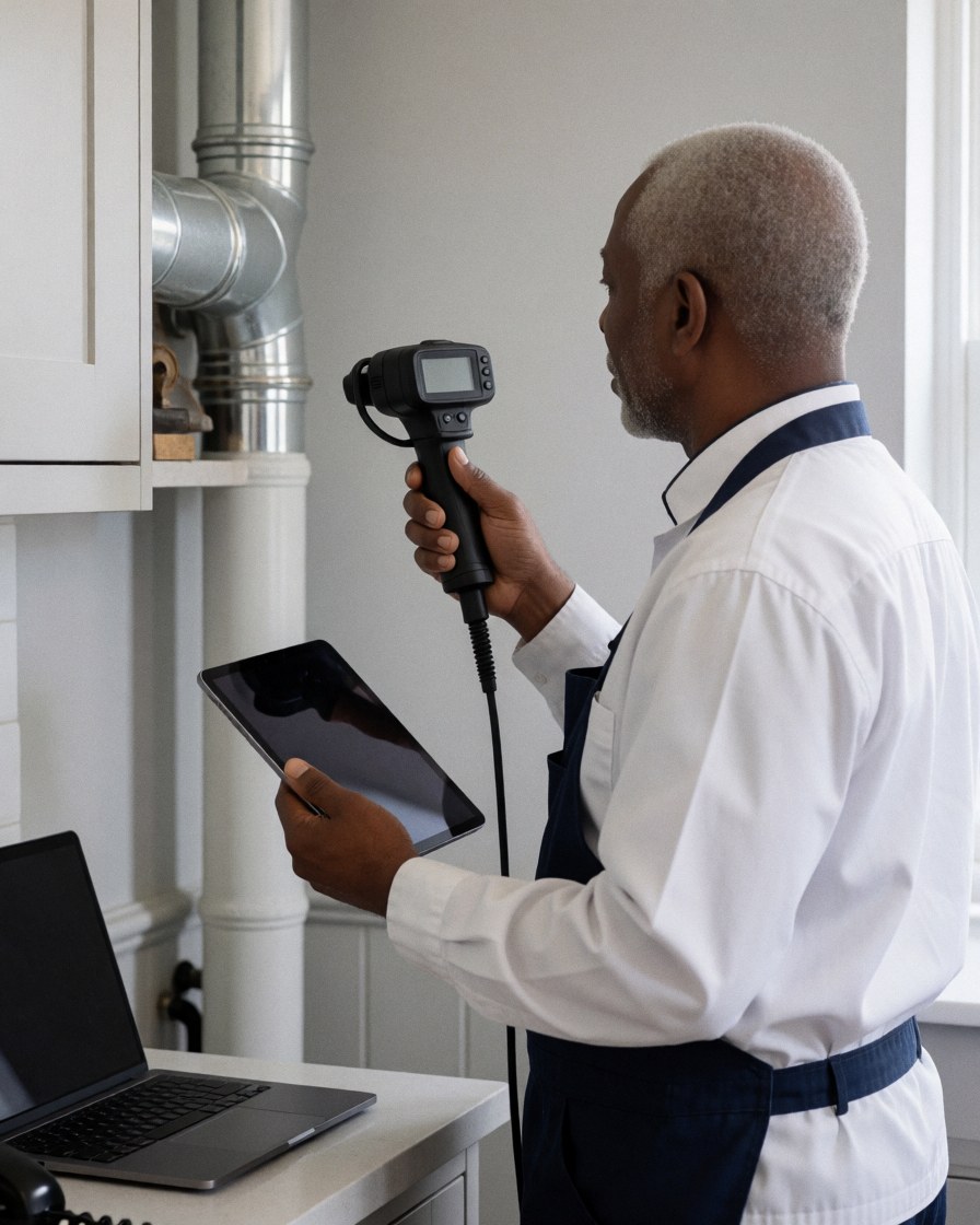 Technician inspecting pipes with camera and tablet in well-lit workshop with light gray walls and uniform
