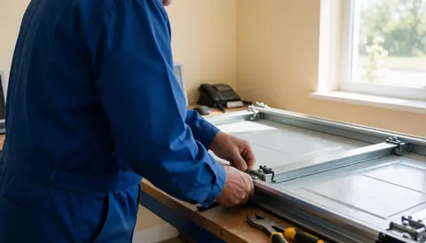 Technician in blue uniform adjusting metal garage door track in workshop with natural light and tools