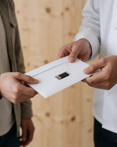 Close-up of hands receiving a USB drive wrapped in white packaging against a light wood wall, showing a professional and realistic delivery moment.