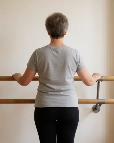 Back view of an adult woman practicing ballet technique at a wooden barre in a bright white studio
