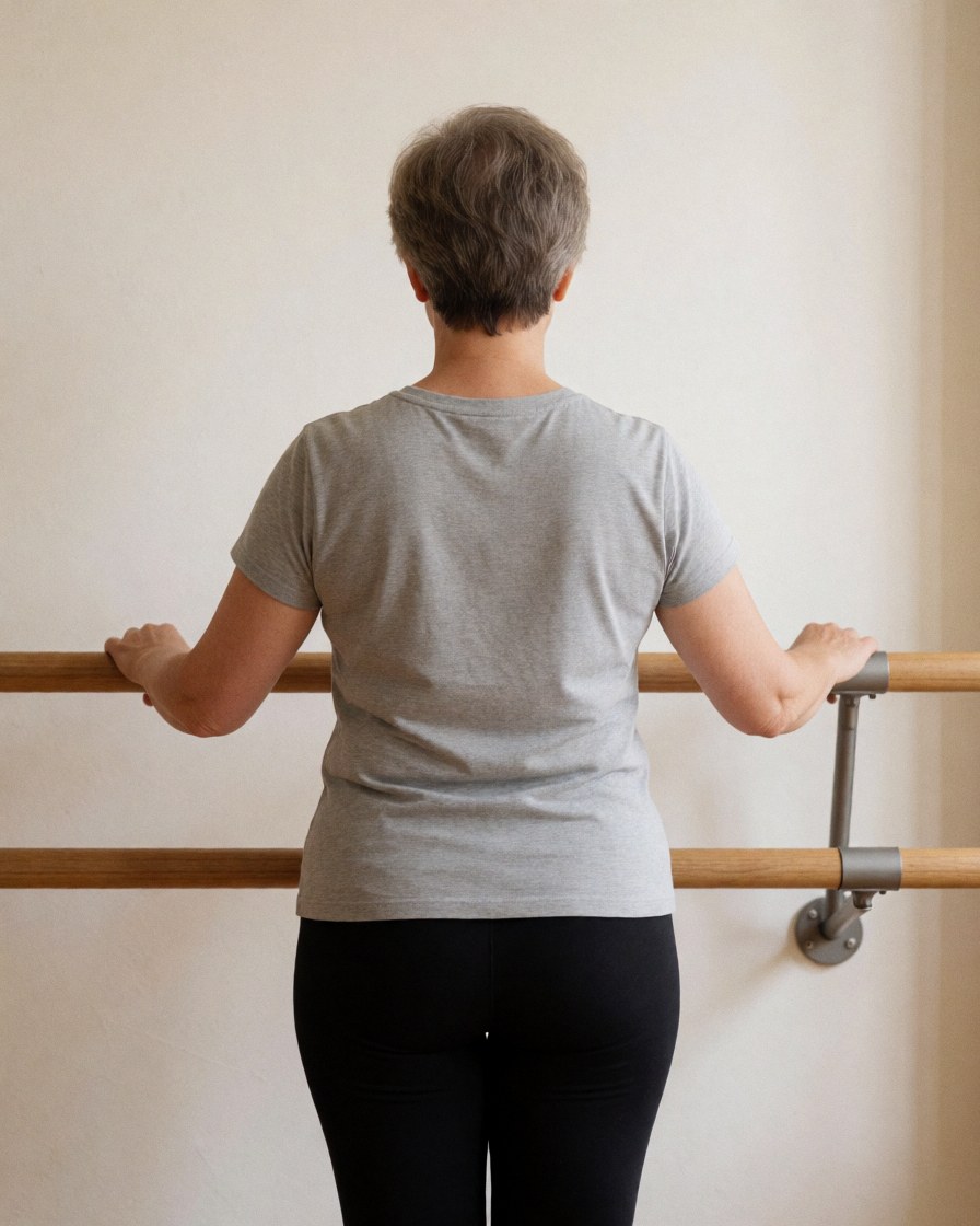 Back view of an adult woman practicing ballet technique at a wooden barre in a bright white studio