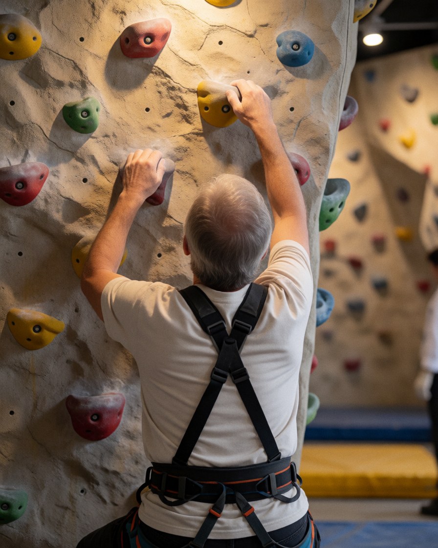 An adult wearing a safety harness grips colorful handholds on an indoor climbing wall with warm lighting and blurred background routes.