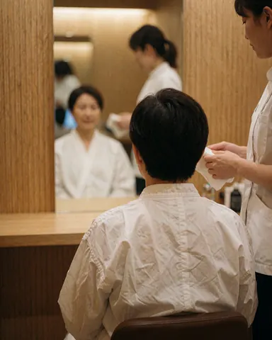 A relaxed customer sits before a mirror inspecting their clean skin while a professional prepares the area with a sterile cloth in a warm, wood-paneled salon.