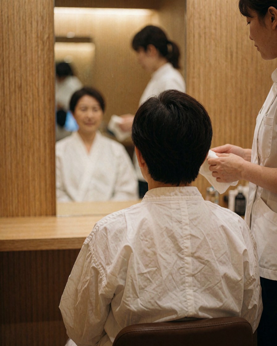 A relaxed customer sits before a mirror inspecting their clean skin while a professional prepares the area with a sterile cloth in a warm, wood-paneled salon.