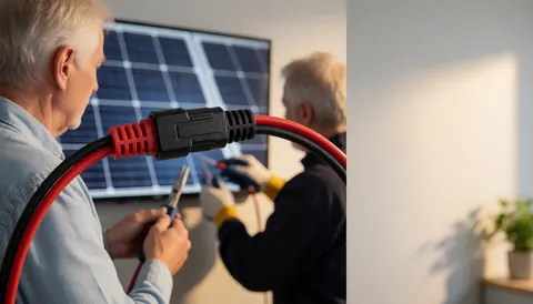 Close-up of solar cables being connected to a panel during a renewable energy installation with warm lighting and tools visible