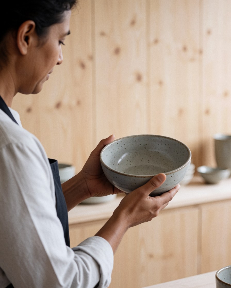 A person examining a gray speckled glazed ceramic bowl in a pottery workshop with light wood walls