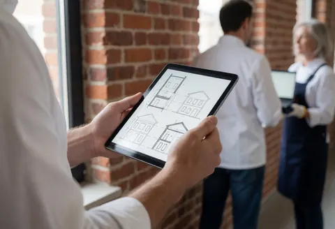 Professional reviewing architectural plans on a tablet in an office with a brick wall and natural light