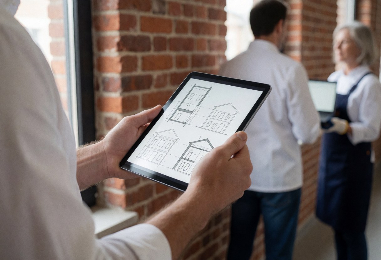 Professional reviewing architectural plans on a tablet in an office with a brick wall and natural light