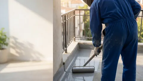 Technician using a roller to apply gray waterproofing membrane on a concrete balcony floor for exterior protection services.